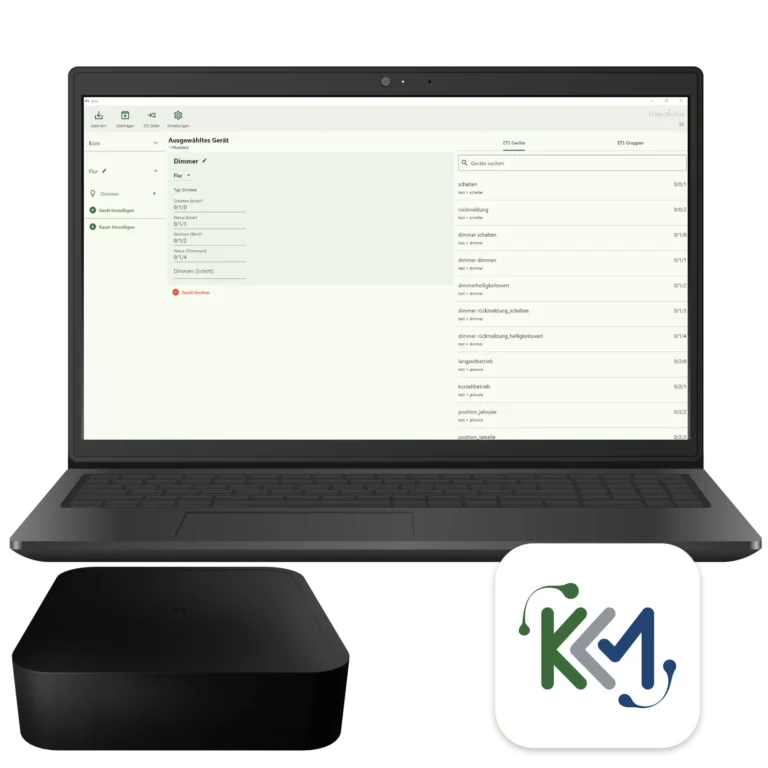 KNX Configuration Manager (KCM) Programm - Laptop mit Programm-Logo